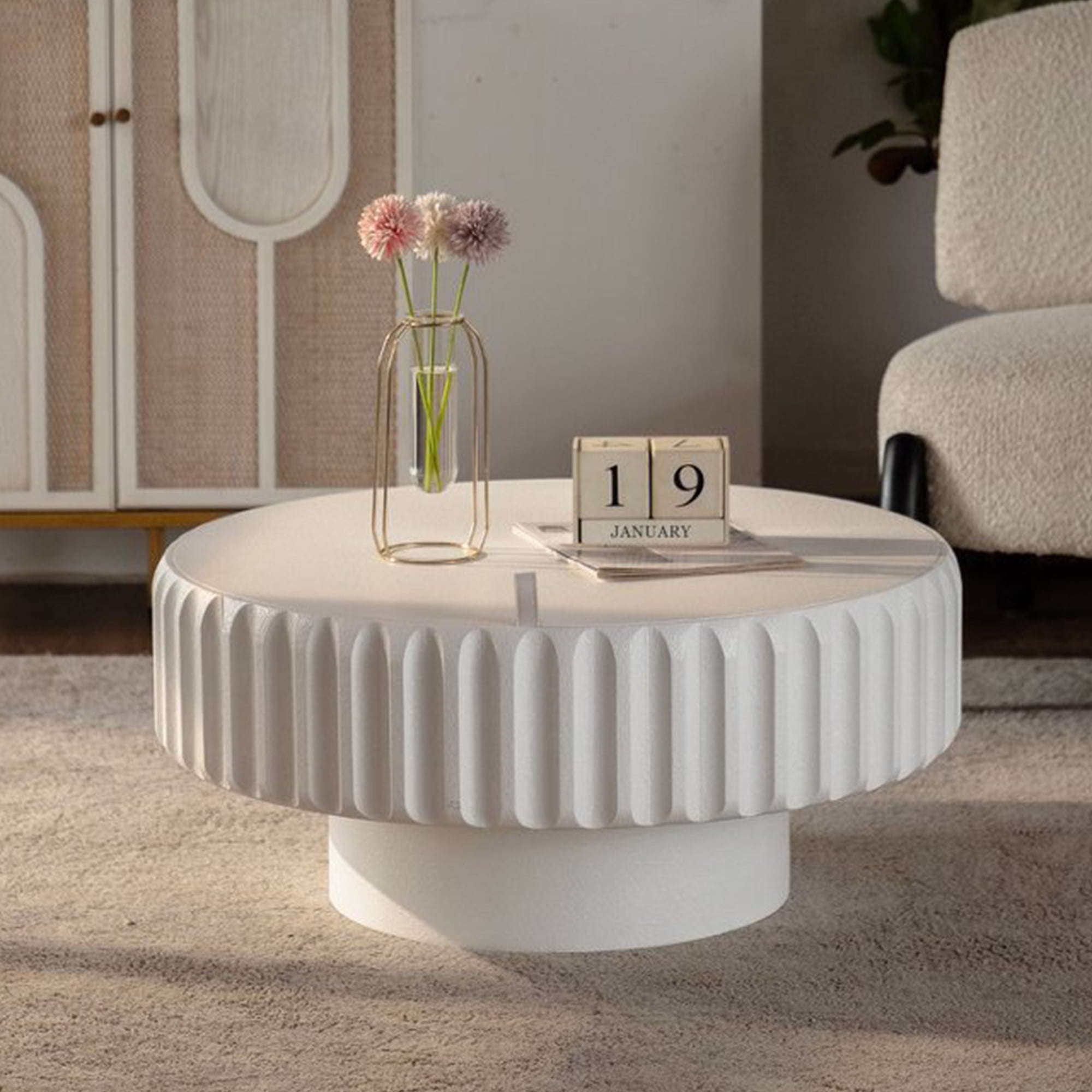 Leumius Coffee Table Fluted Storage Table with Lift-Off Lid, Sleek Texture Round Tea Table for Living Room Apartment White