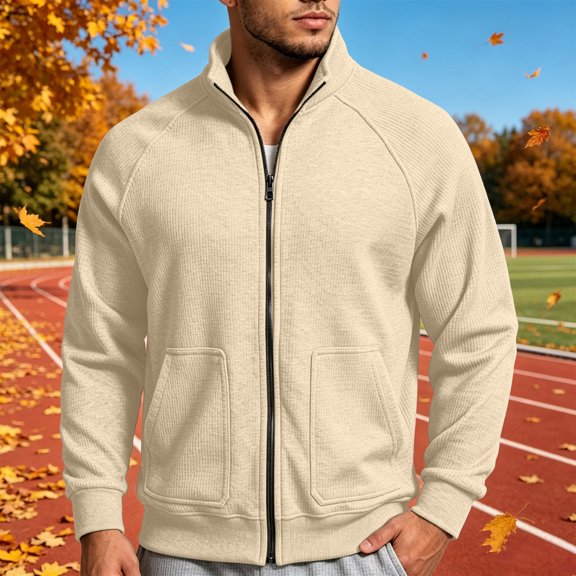 LYSMORA Men's Waffle Knit Full Zip Jacket Stand Collar Long Sleeve Raglan Sleeve Sweatshirt with Patch Pockets