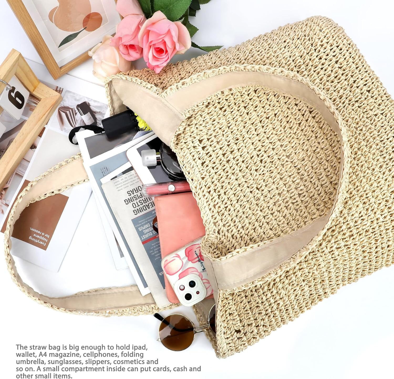 Gocvo Straw Beach Bag for Women Summer Woven Beach Tote Bag Shoulder Handbags Boho Bag