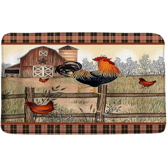 Bath Mat Chicken Rooster Farm Animal Barn Retro Plaid Indoor Outdoor Doormat Durable Welcome Front Door Mats Entryway Rugs Non-Slip Floor Mat Entrance Rugs Bath Rug Kitchen Rugs 16 x 24 in