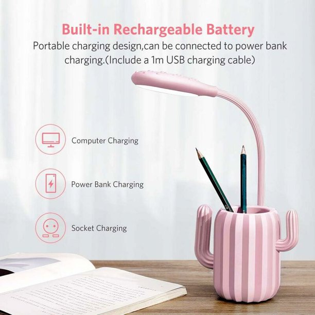 Desk Lamps1 Lámpara de escritorio inalámbrica, lámpara de mesa con luz de lectura LED, brillo ajustable táctil con portalápices, decoración de oficina, regalo original para niña adolescente - Rosa