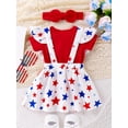 thumbnail image 6 of Raccmtaty 4th of July Baby Girls Outfits Solid Color Short Sleeve Rompers Stars Print Suspender Skirts Headband 3Pcs Clothes Set, 6 of 9