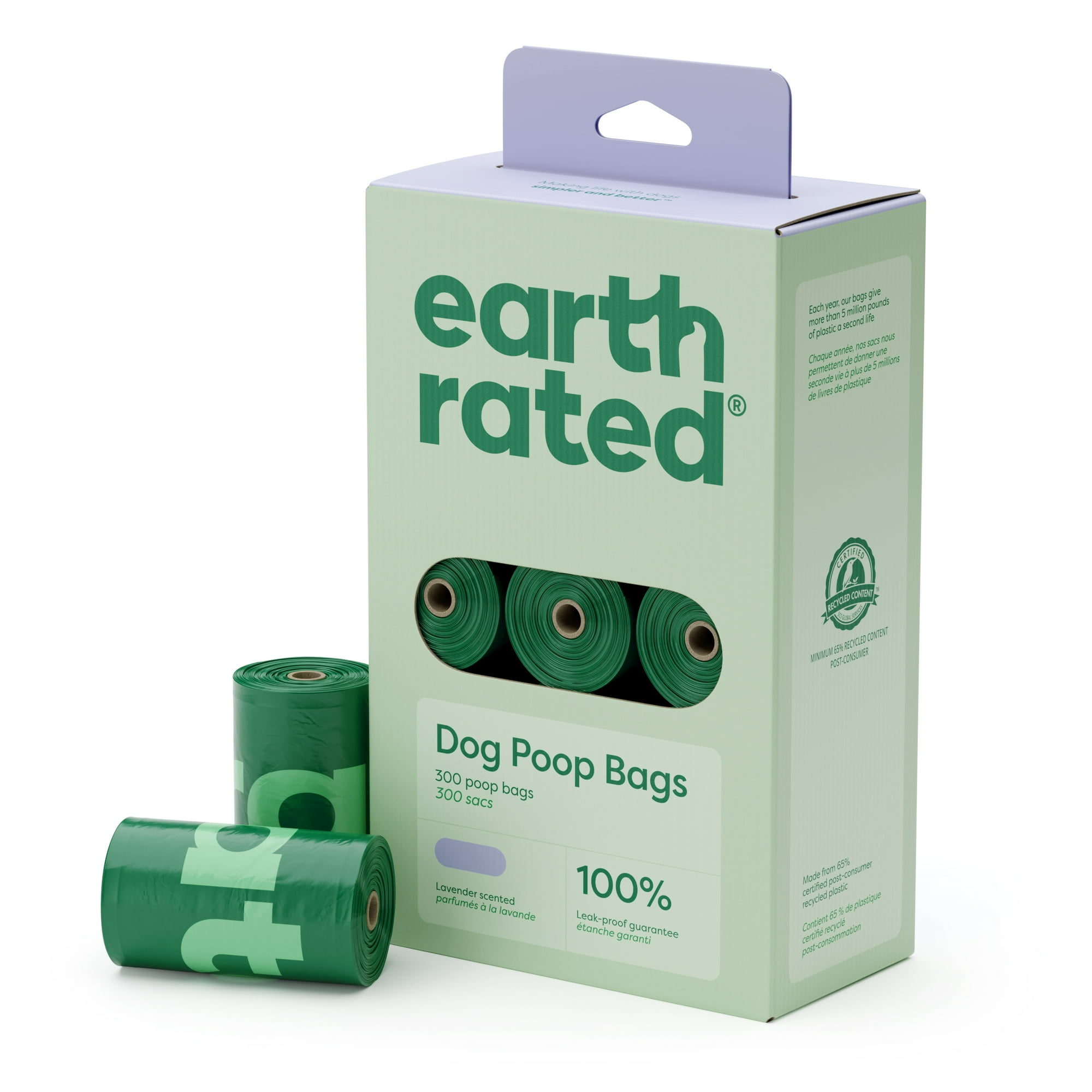 Earth Rated Leak-Proof Dog Poop Bags, Lavender, 300 Count, 15 Refill Rolls
