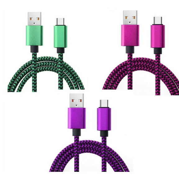 GJX 3Pcs USB Cable Fast Charging Micro USB Cable,Nylon Braided USB Type C Cable,Green,Fuchsia,Purple,3ft