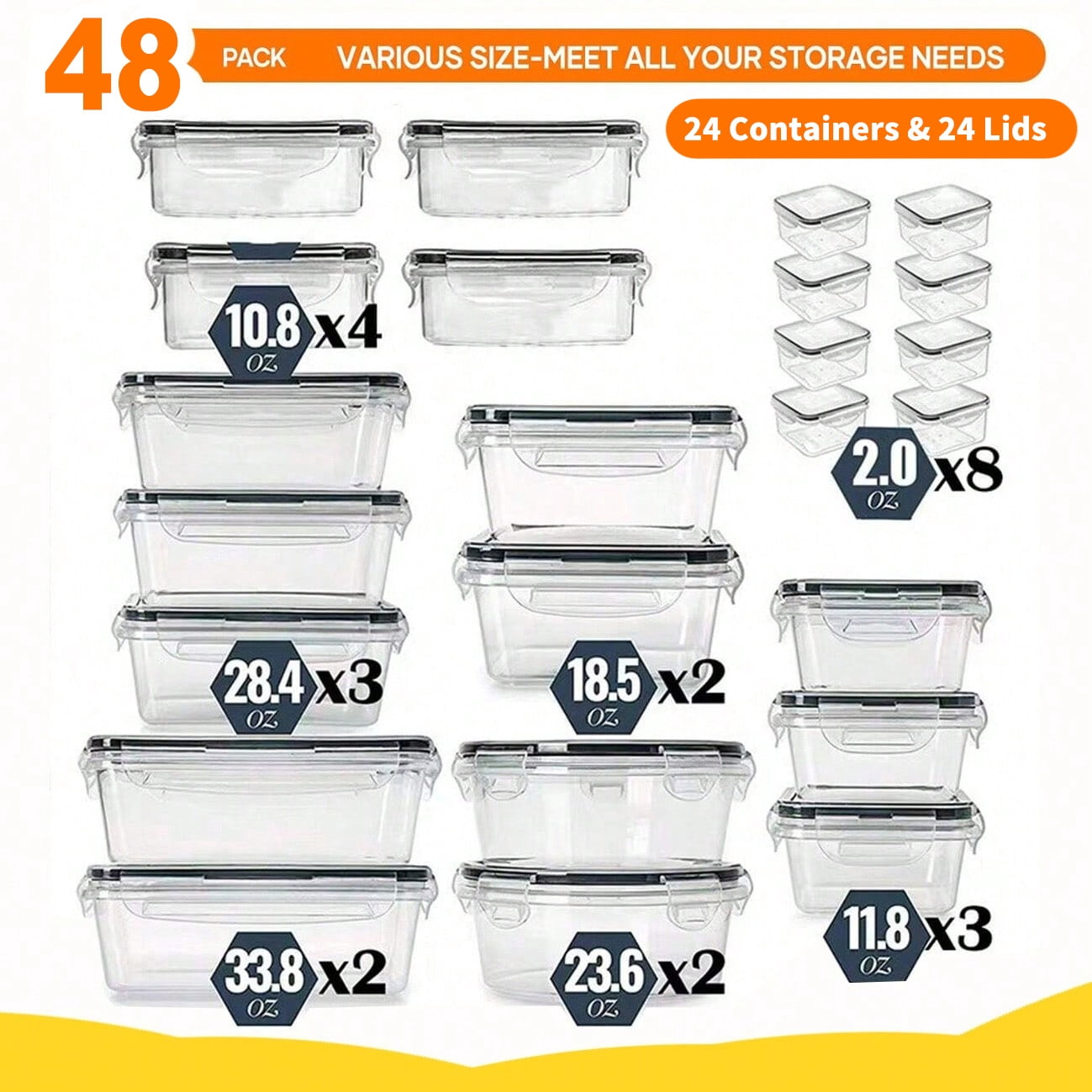 48-Piece Deluxe Food Storage Containers Set - Airtight, BPA-Free, Easy-Snap Lids, and Stackable - Includes 24 Containers, 24 Lids, Free Labels, and Marker for Pantry and Kitchen Organization