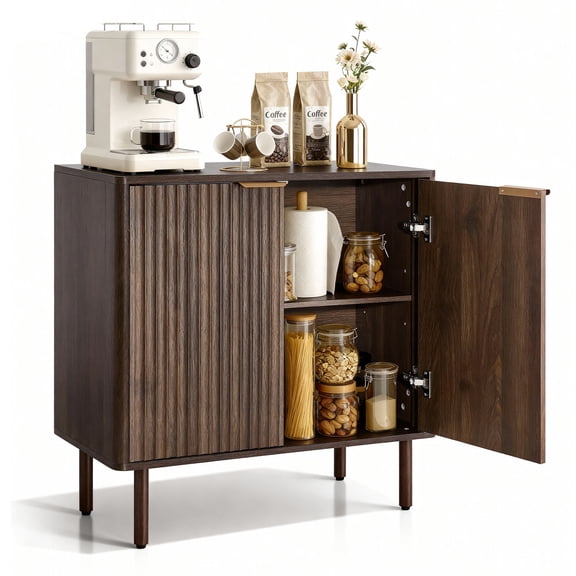 VEVOR Coffee Bar Cabinet, Mid Century Fluted Coffee Bar Table with 2-Tier Storage, Buffet Stand Cabinet with Barn Door, Sideboard Buffet Station for Living Room, Entryway, 31.5 x 14.7 x 31.5" Walnut