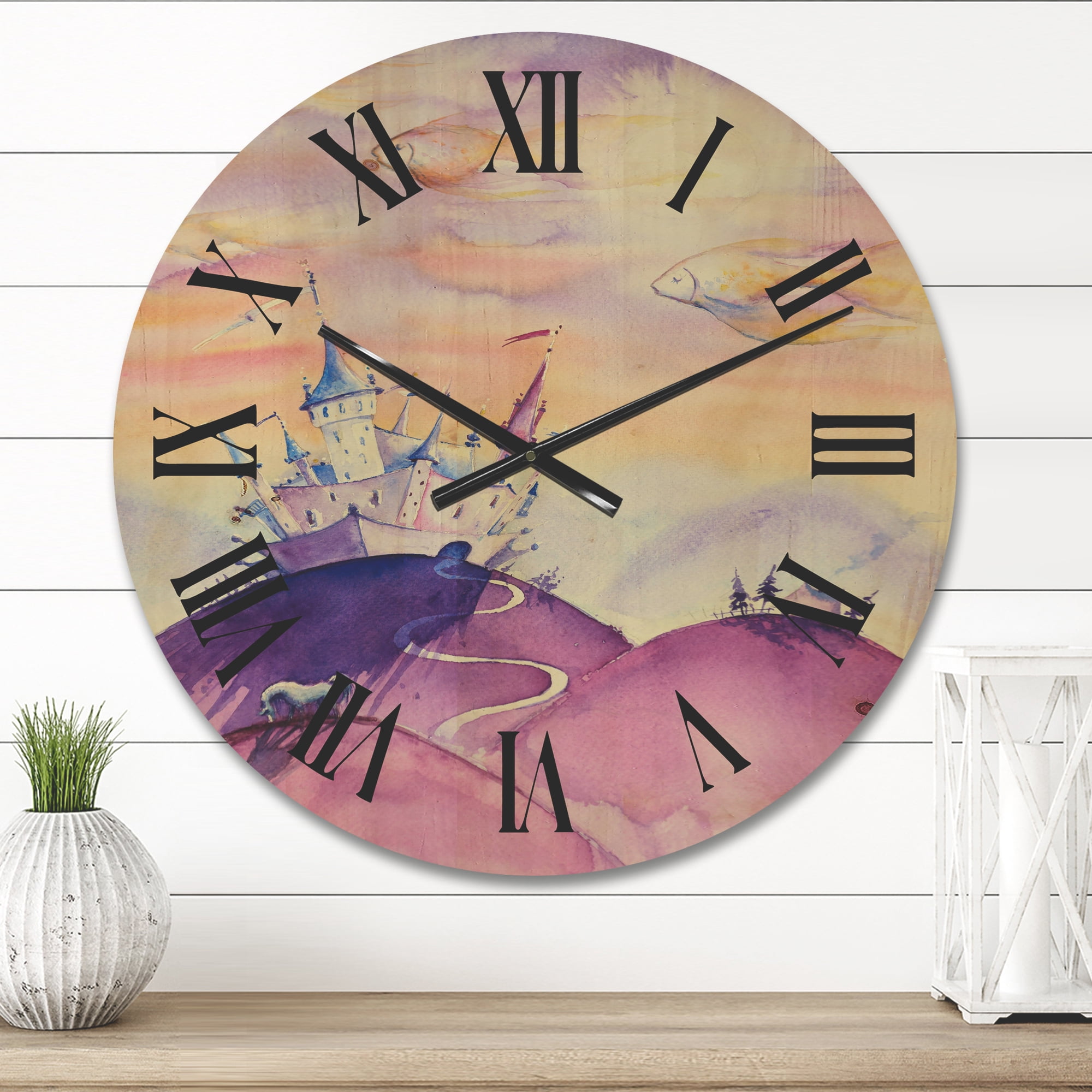 Designart 'Fairy Tale Kingdom Palace On Purple Mountain Top' Children's Art Wood Wall Clock