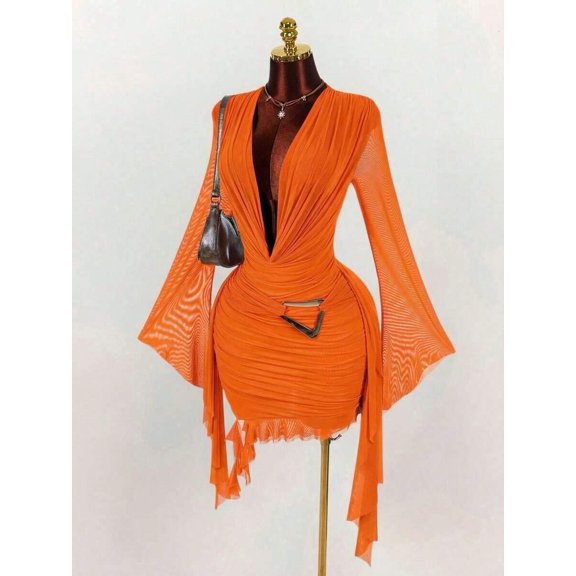 Orange Womens Long Sleeve Mesh Mini Dress With V-Neck, Ruched Waist, Flared Sleeves And Belted Detail For Party