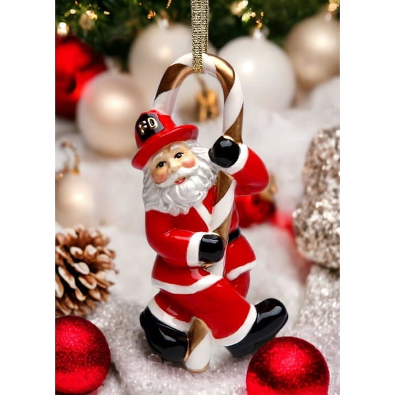 Ceramic Fire Fighter Santa Ornament 2.25x1.375x4.625