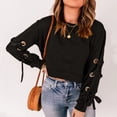 thumbnail image 2 of Jersey de mujer Camisa corta con cordones Manga larga Cuello redondo Hombro caído Túnica de otoño suelta para otoño Primavera Negro M, 2 of 5