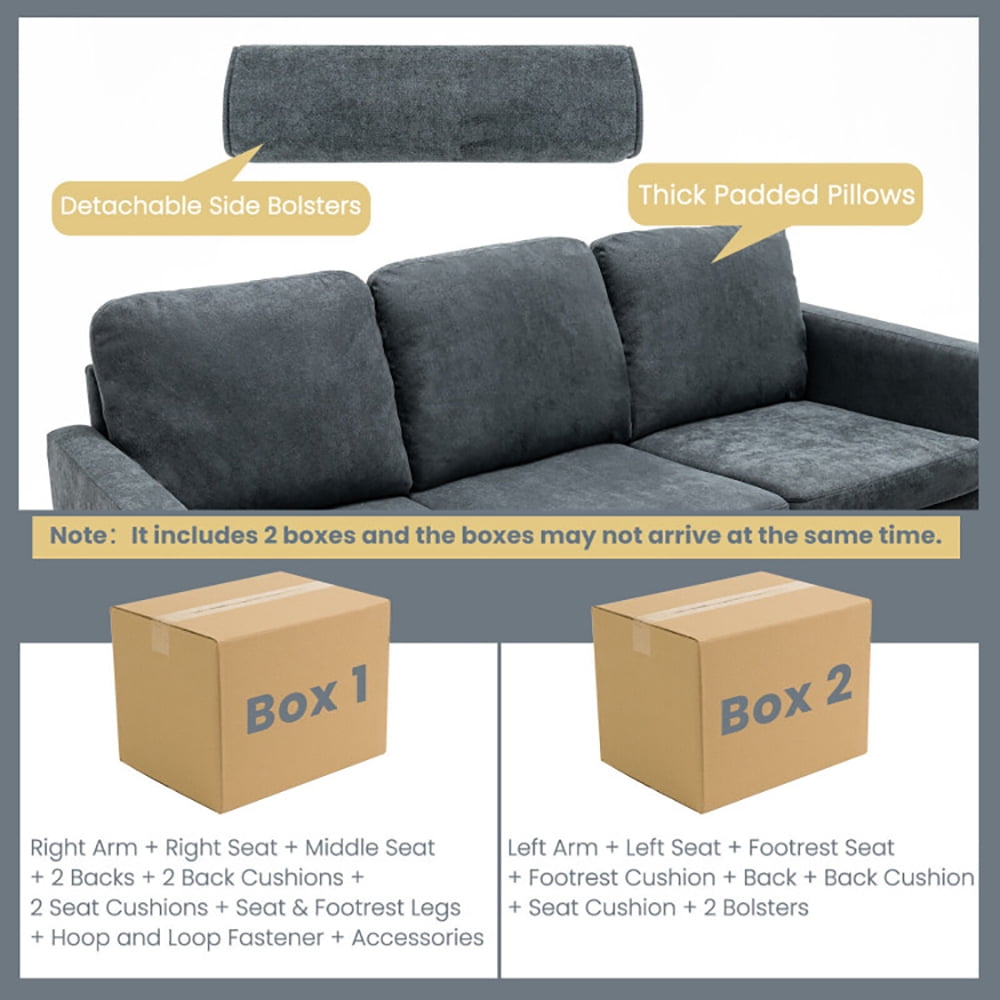 Finihen L-Shaped Sectional Sofa Couch, Sofa Bed, 3 Seat L-Shape Movable Convertible Sectional Sofa with Ottoman, for Living Room, Gray