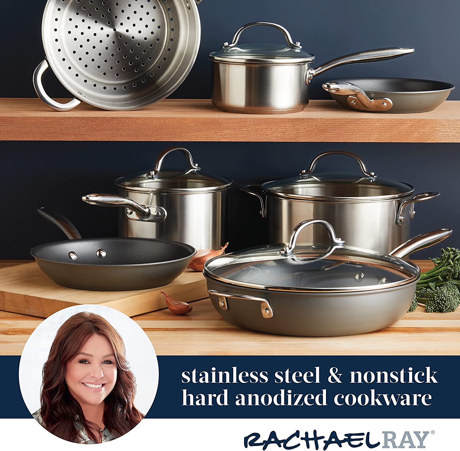 Rachael Ray Stainless Steel and Hard Anodized 11 Piece Nonstick Pots and Pans Set