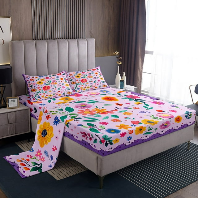 Ensemble de Draps Floraux Boho Fleurs Arc-en-Ciel Ensemble de Draps Simple pour Filles