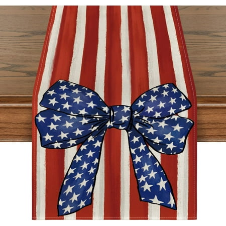 

Stripes Stars Bow Tie 4th of July Patriotic Memorial Day Table Runner Independence Day Holiday Kitchen Dining Table Decor for Indoor Outdoor Home Party Decoration 13 x 72 Inch