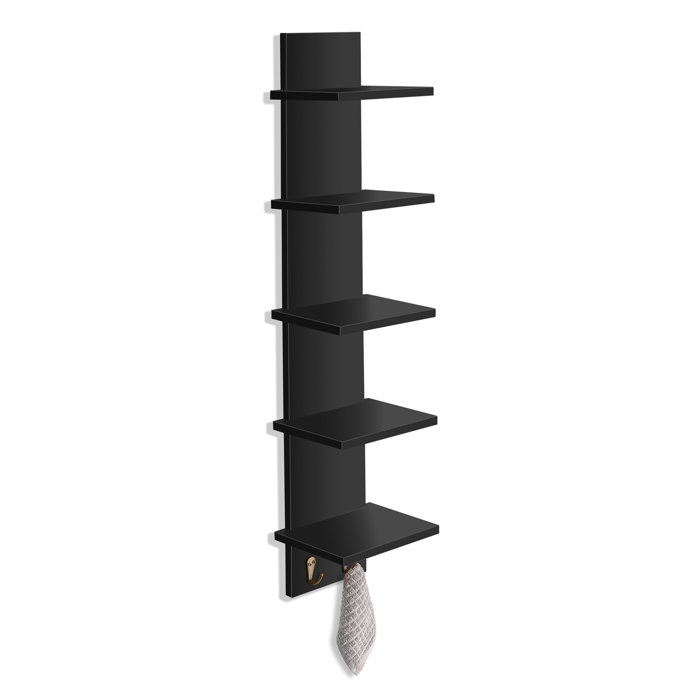 Sorbus 5-Tier Wall Shelf with Hooks, Floating Shelves for Bathroom, Bedroom, Living Room, Wall-Mounted Storage Organizer, Black