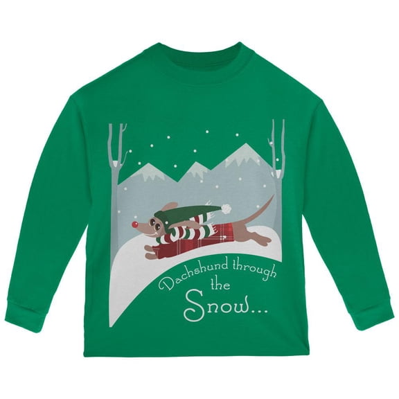 Christmas Dachshund Dashing Through the Snow Toddler Long Sleeve T Shirt Green 3T
