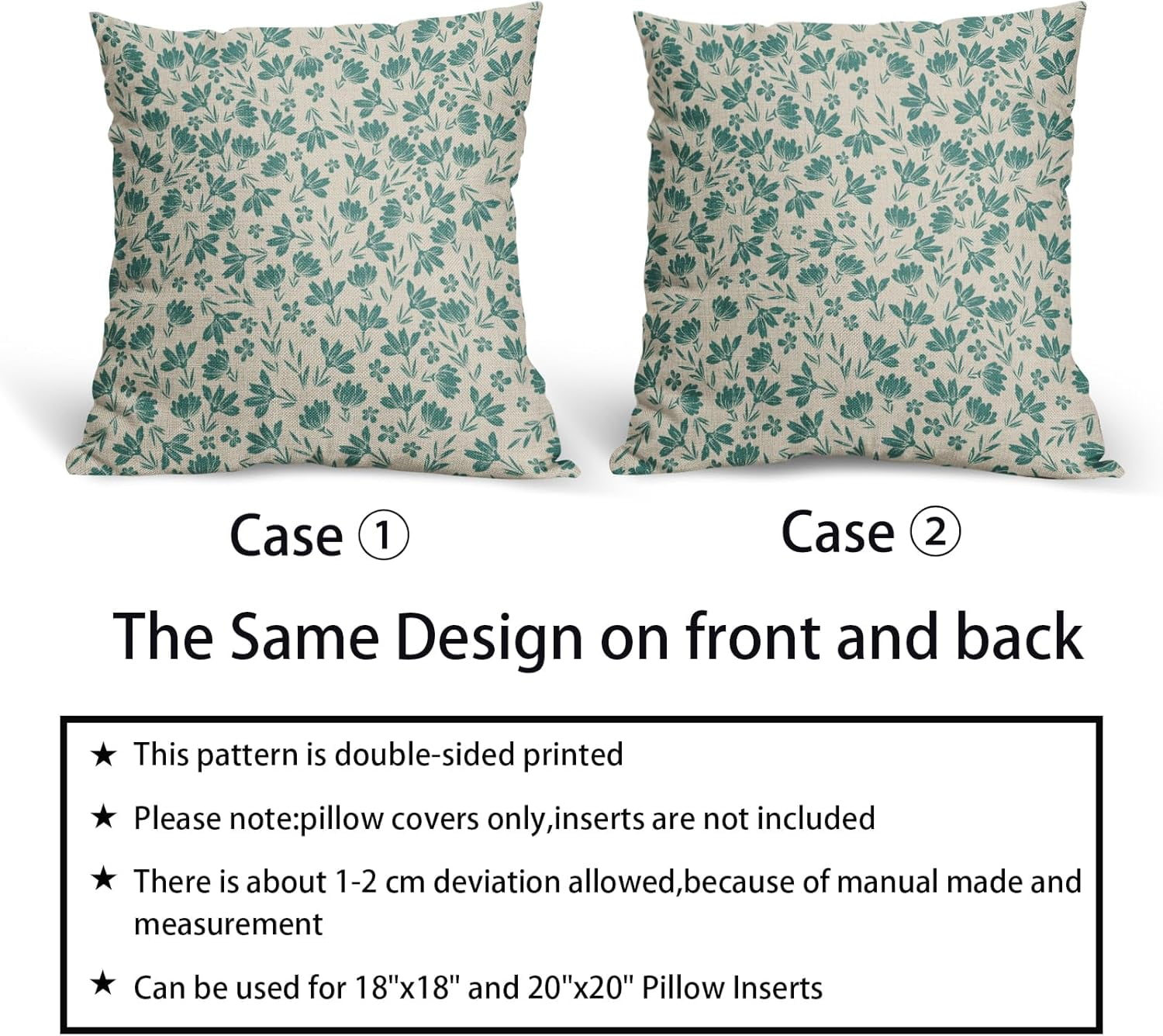 Aqua Floral Pillow Covers 18x18 Set of 2 Vintage Rustic Old Style Cute Small Flower Teal Cream Print Decorative Outdoor Pillowcases Farmhouse Throw Cushion Case Decor for Couch Sofa Bed
