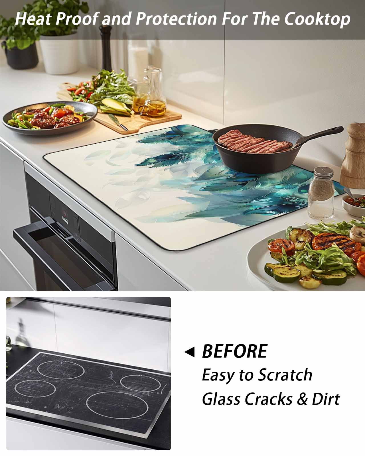 Stove Top Covers for Electric Stove, Teal Feather Glass Stovetop Cover Protector, Farmhouse Feather Art Teal Ombre Induction Cooktop Protector Oven Mat for Kitchen Countertop 24"x21"