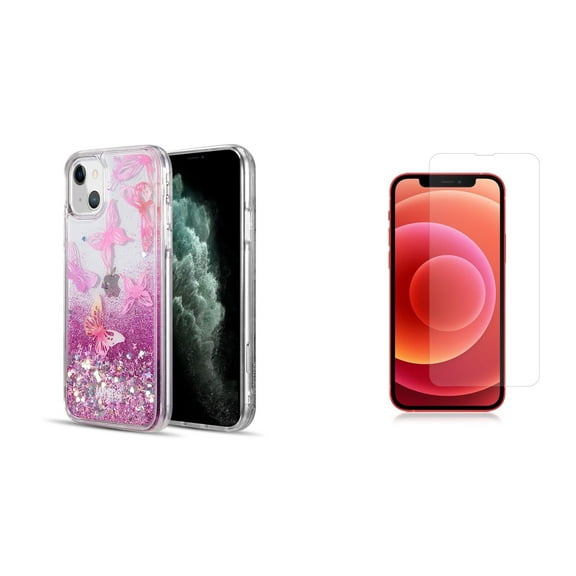 Liquid Glitter Case for iPhone 14 and Glass Screen Protector - Pink Butterfly