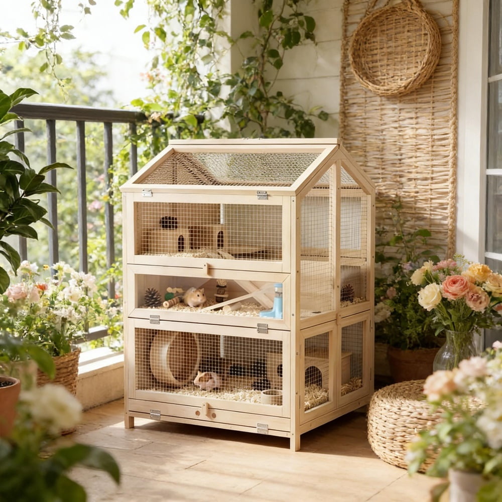 3-Tier Wooden Hamster Cage Small Animal Habitat with Clear PET Panels Slide-Out Tray & Lift-Up Mesh Top for Hamsters Gerbils Mice