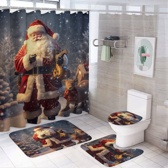 Santa Claus Reindeer Vintage 4PCS Shower Curtain Sets with Rugs with Non-Slip Bath Mat Toilet Rug,72" X 72"
