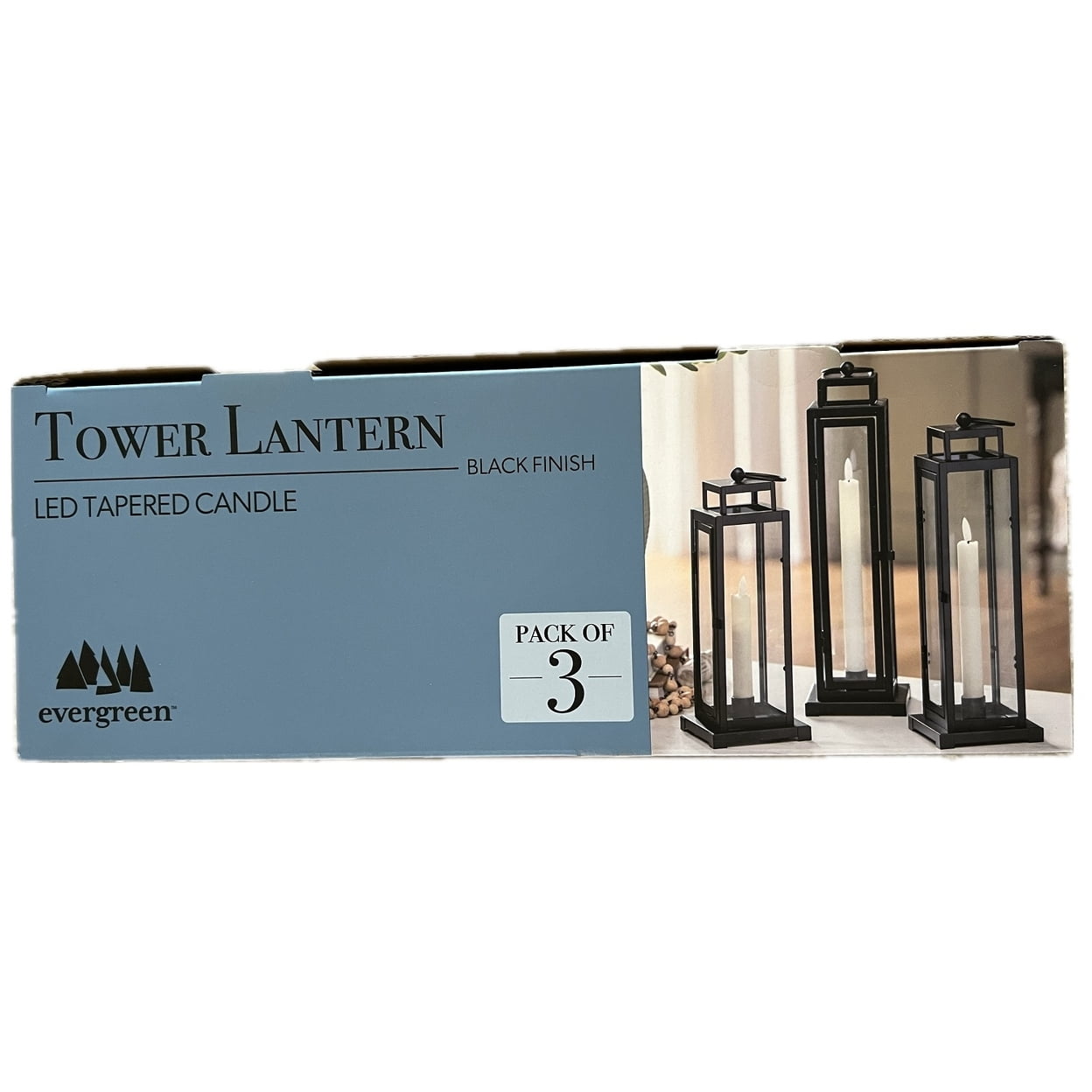 Evergreen LED Tapered Candle Tower Lantern, 3 Count (Black Evergreen LED Tapered Candle Tower Lantern, 3 Count (Black