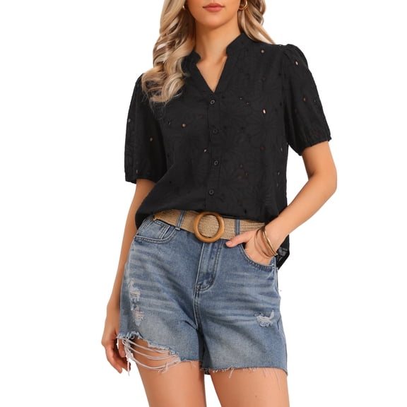 INSPIRE CHIC Short Sleeve Summer Tops for Women Casual V Neck Hollow Out Eyelet Top Shirts XS Black