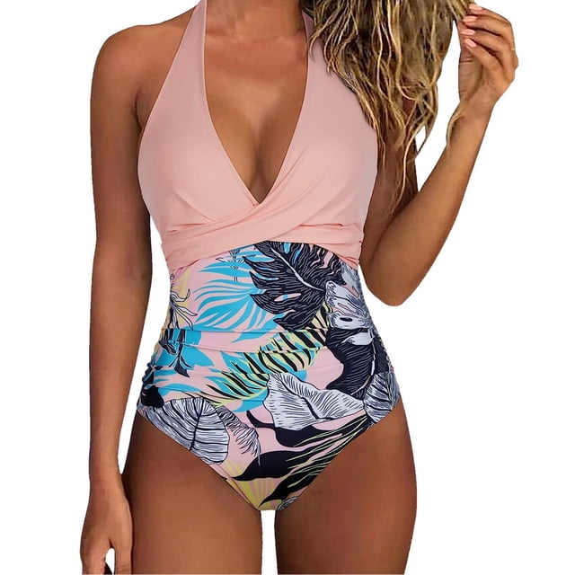 Cathalem Swimming Suits for Women Full Body Tummy Control V Neck Bathing Suits,Pink M