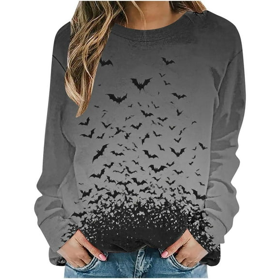 Oalirro Halloween Sweatshirts for Women Halloween Graphic Bat Long Sleeve Shirt Casual Pullover Top