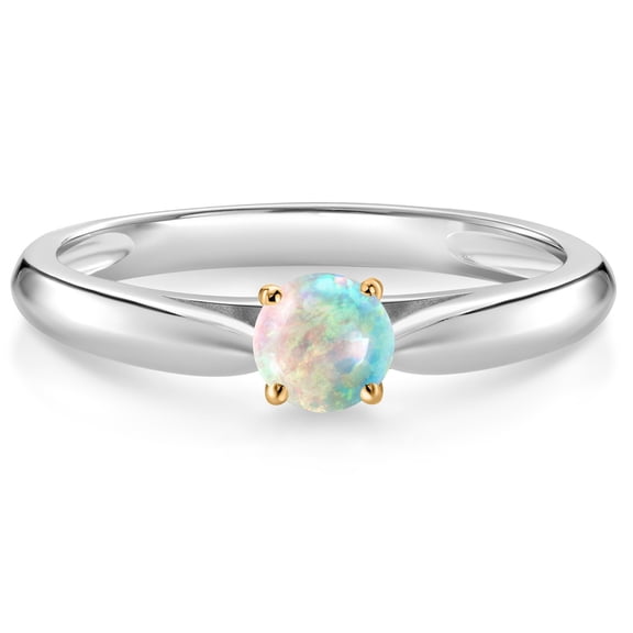 Gem Stone King 10K White and Yellow Gold White Simulated Opal Solitaire Engagement Ring for Women (0.25 Cttw, Gemstone October Birthstone, Round Cabochon 4MM, Size 9)