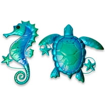 G128 Turtle Seahorse Metal Wall Art Set | Coastal Ocean Theme Indoor Outdoor Wall Art Hanging Decor for Bedroom, Living Room, Garden, Patio