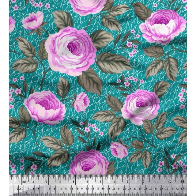 Soimoi Polyester Crepe Fabric Leaves & Camellias Floral Decor Fabric Printed Yard 42 Inch Wide