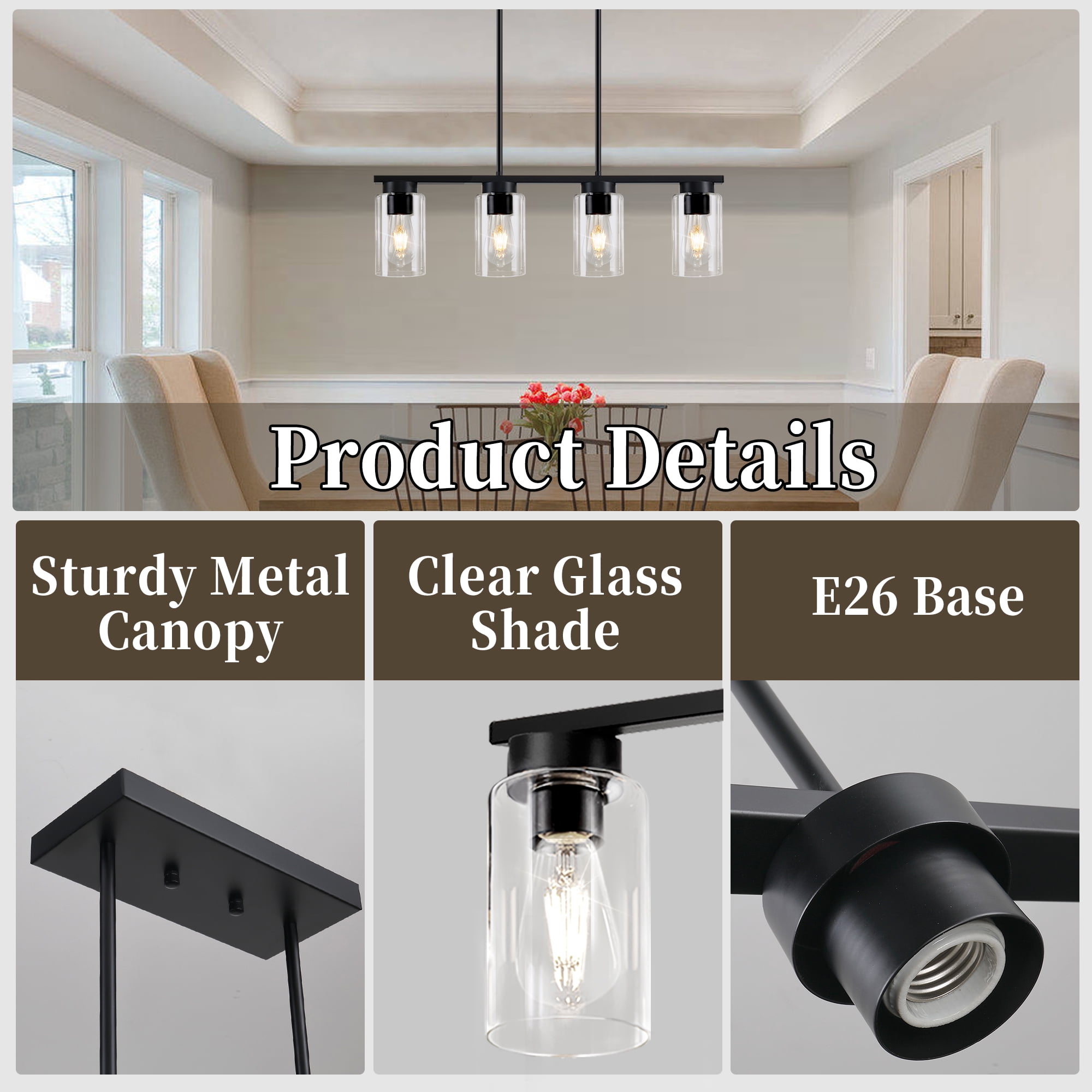 Auffel Pendant Lights Kitchen Island with Clear Glass,4-Light Dining Room Light Fixtures over Table Farmhouse Industrial Linear Chandelier 27 Inch