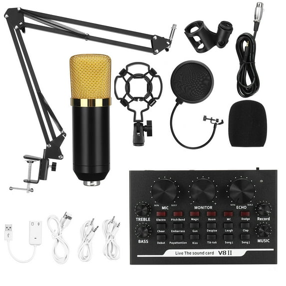Podcast Condenser Microphone Equipment Bundle, Live Sound Card DJ Mixer for Studio Recording & Broadcasting, Mic Kit with Adjustable Suspension Scissor Arm, Shock Mount