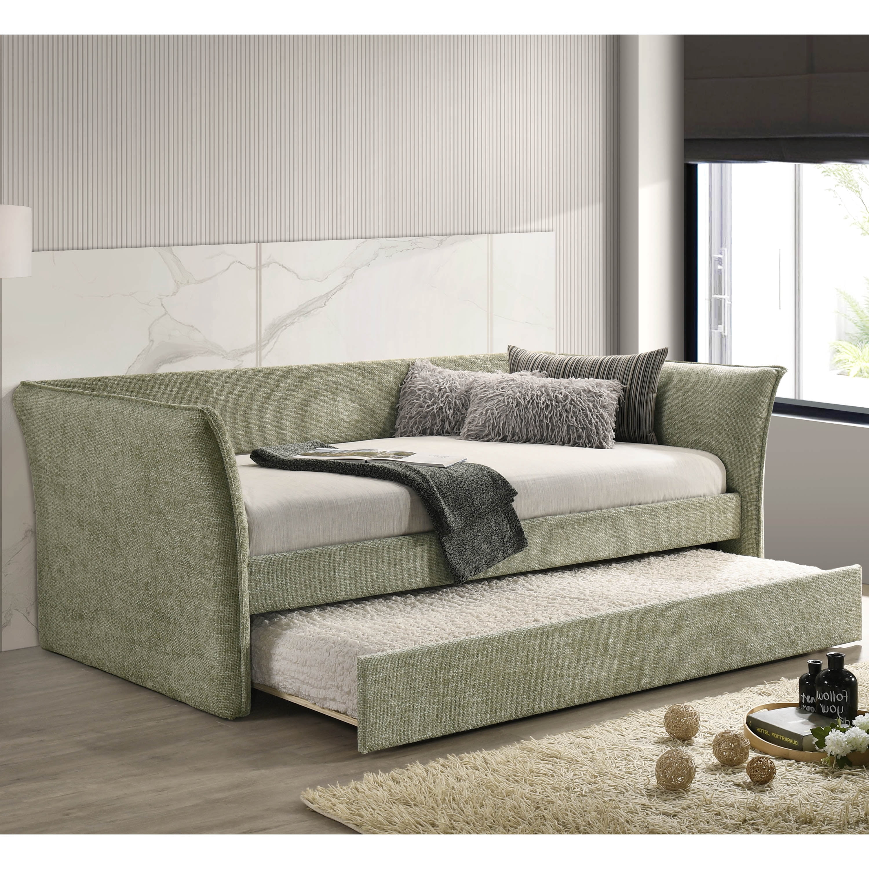 Furniture of America Liovet Fully Fabric Upholstered Flared Arm Twin Daybed with Trundle, Light Green