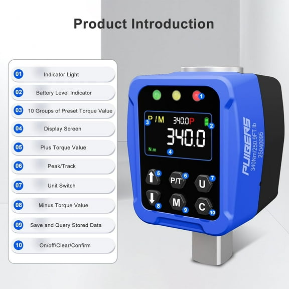 1/2" Drive Digital Torque Wrench Adapter- 12.5-250.7 Ft-lb / 17-340 Nm, Digital Torque Adapter ±2% Accuracy, Colour LCD Display, 1/4” & 3/8” Adapters for Car & Motorcycle Maintenance