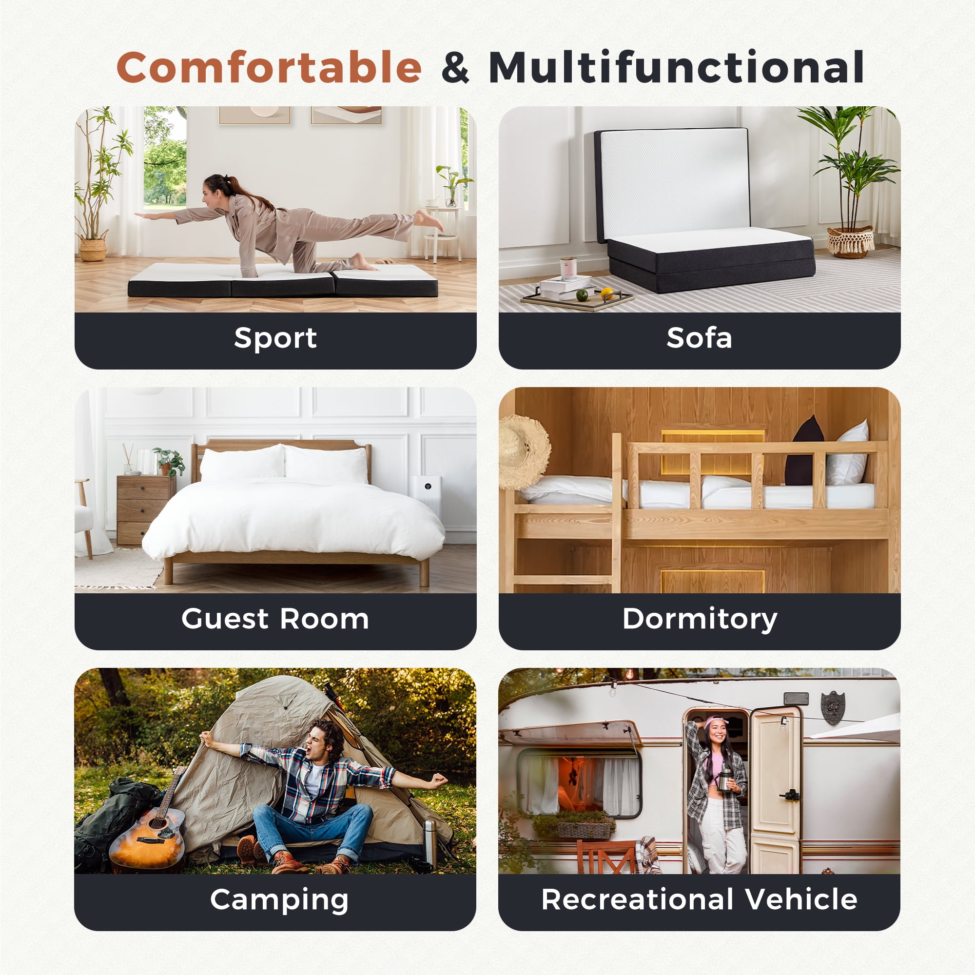 EDX Folding Mattress, 4 inch Tri-fold Memory Foam Mattress Topper for Camping, Foldable Mattress Topper with Washable Cover, Single Size, White, Perfect for Guests or Travelers