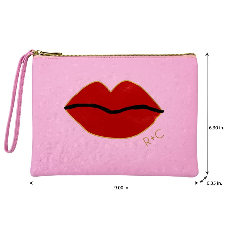 Ruby+Cash Glitter Lips Makeup Bag Cosmetic Pouch with Wristlet, Pink 