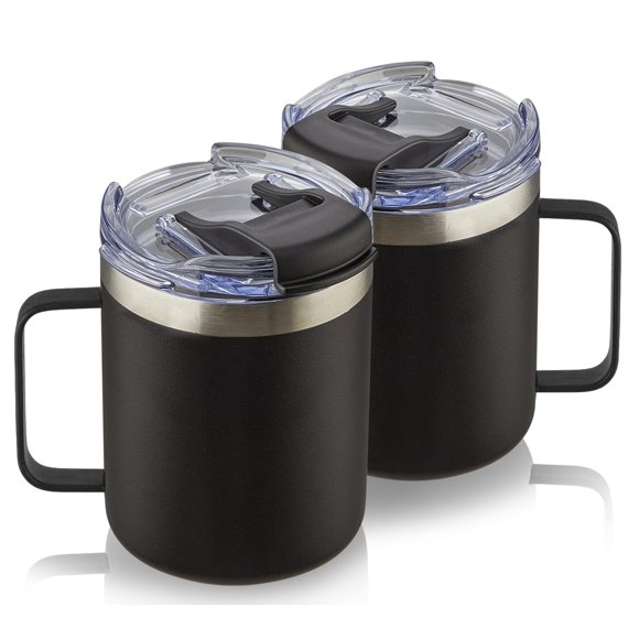 Aloufea 12Oz Stainless Steel Insulated Coffee Mug With Handle, Double Wall Vacuum Tumbler Cup With Fliping Lid, Black, 2 Pack