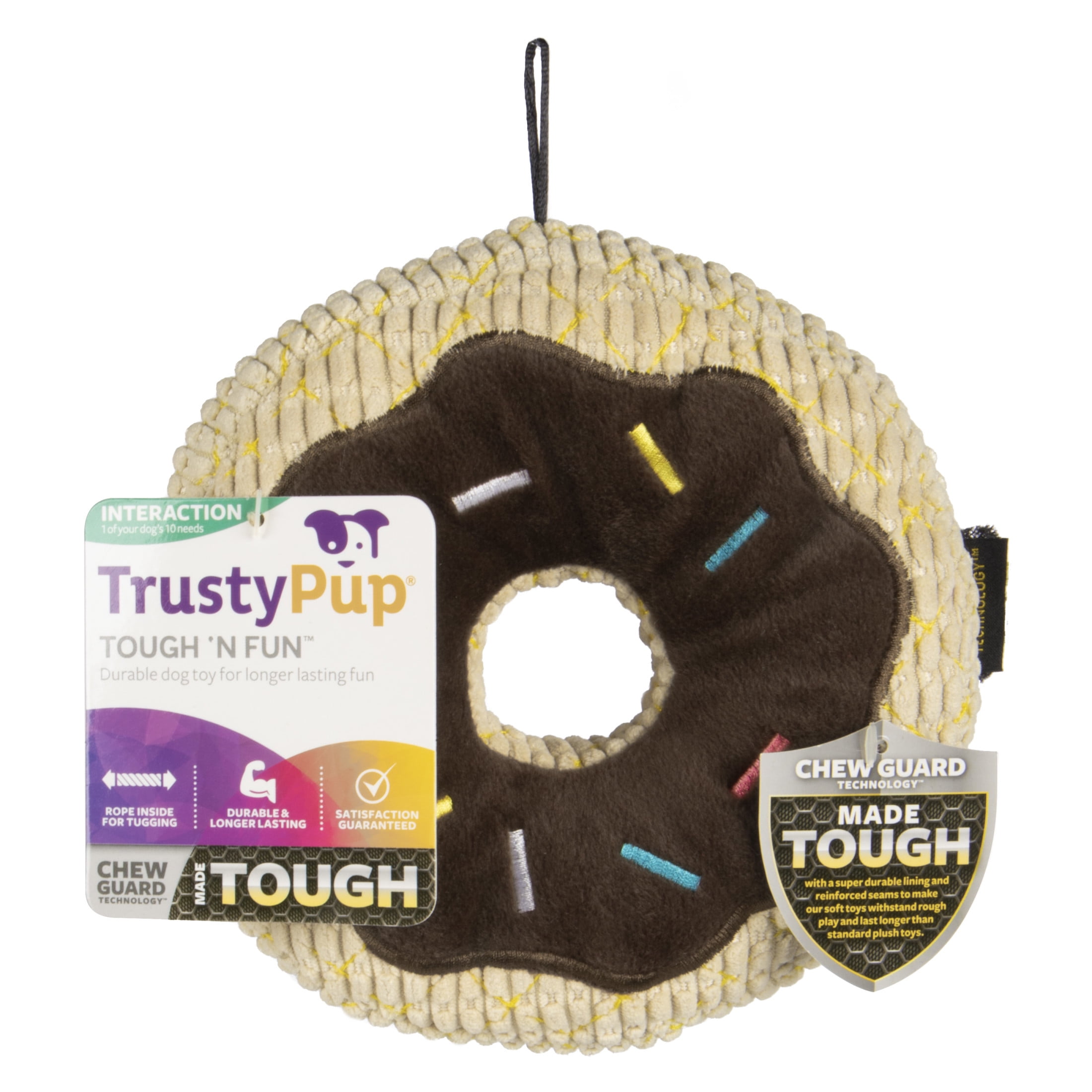 TrustyPup Tough 'N Fun Chocolate Donut Durable Plush Squeaker Dog Toy with Chew Guard Technology, Brown, Large