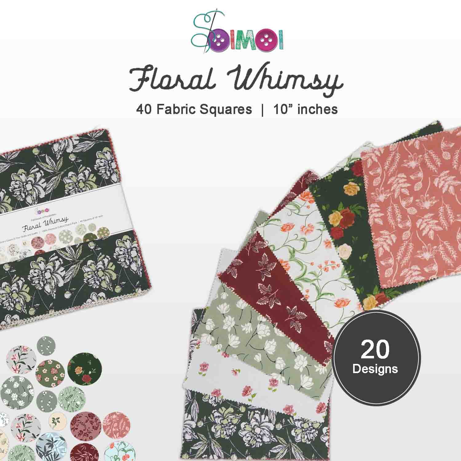 40 Pcs Cotton Bundles Charm Packs for Quilting, Precuts Quilt Squares 10 x 10 inches, Fabric Scraps for Crafts, Fat Quarter Layer Cakes, DIY Fabric Bundle Squares - Floral Whimsy