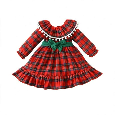 

Synpos 0-3Y Girls Christmas Dress Plaid Long Sleeve Princess Party Dresses Spring Autumn Clothes (Red)