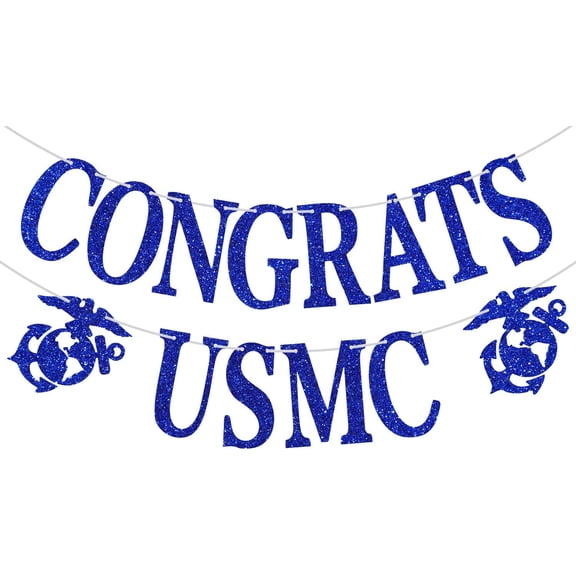 Royal Blue Glitter Congrats USMC Banner, Eagle Globe Anchor Emblem US Marine Corps Boot Camp Graduation Retirement Party Hanging Banner