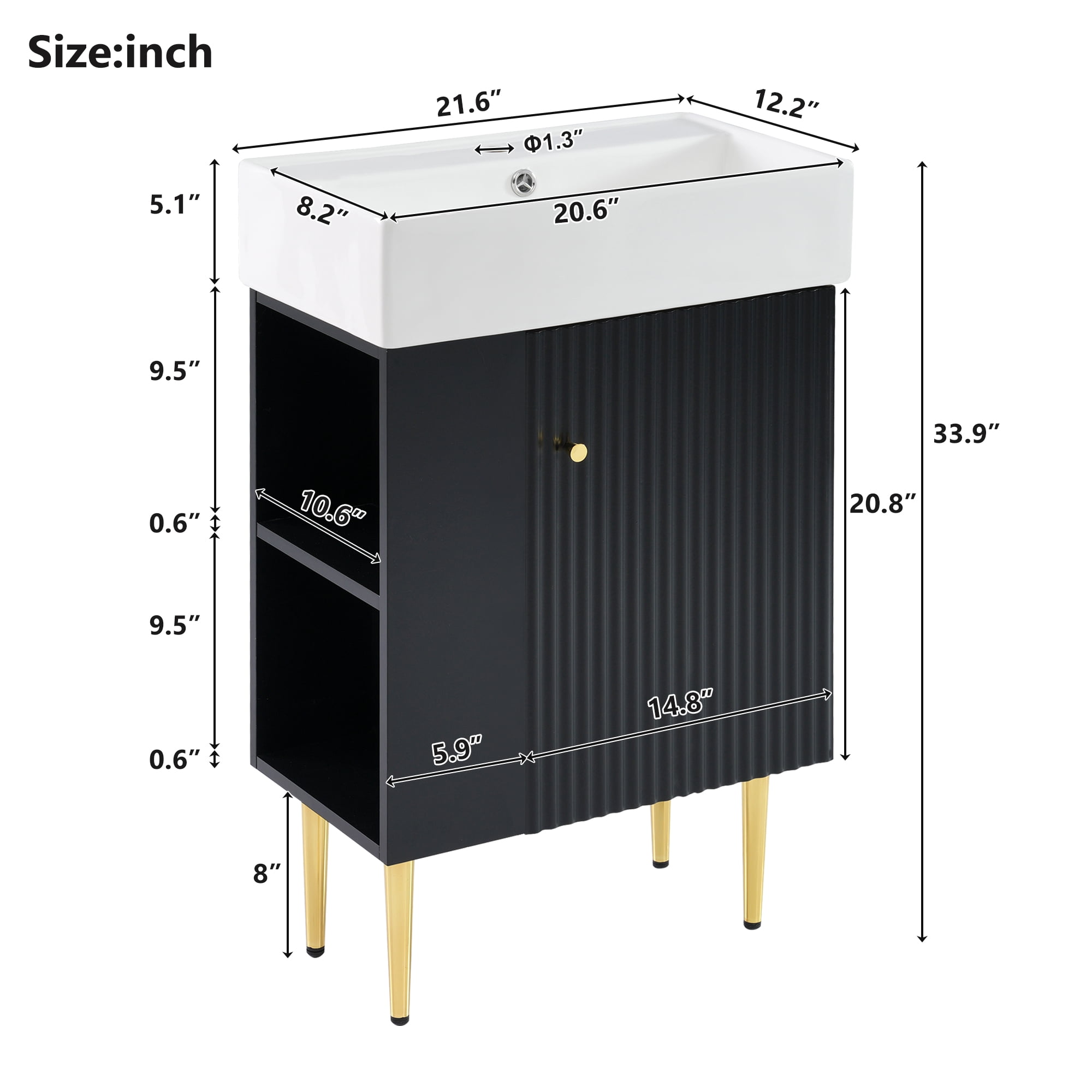 Euroco 21.6" Black Bathroom vanity, Combo Cabinet, Bathroom Storage Cabinet, Single Ceramic Sink, Left side storage