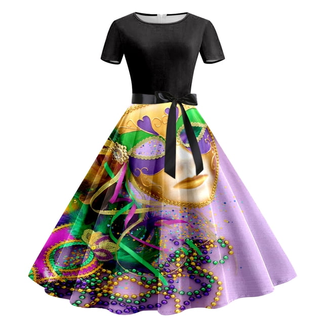 TJAZFJPA Robe Barboteuse Femme Imprimée à Manches Courtes Robe de Soirée des Années 1950 Robe de Bal Robe Midi Robes de Fête pour Femmes