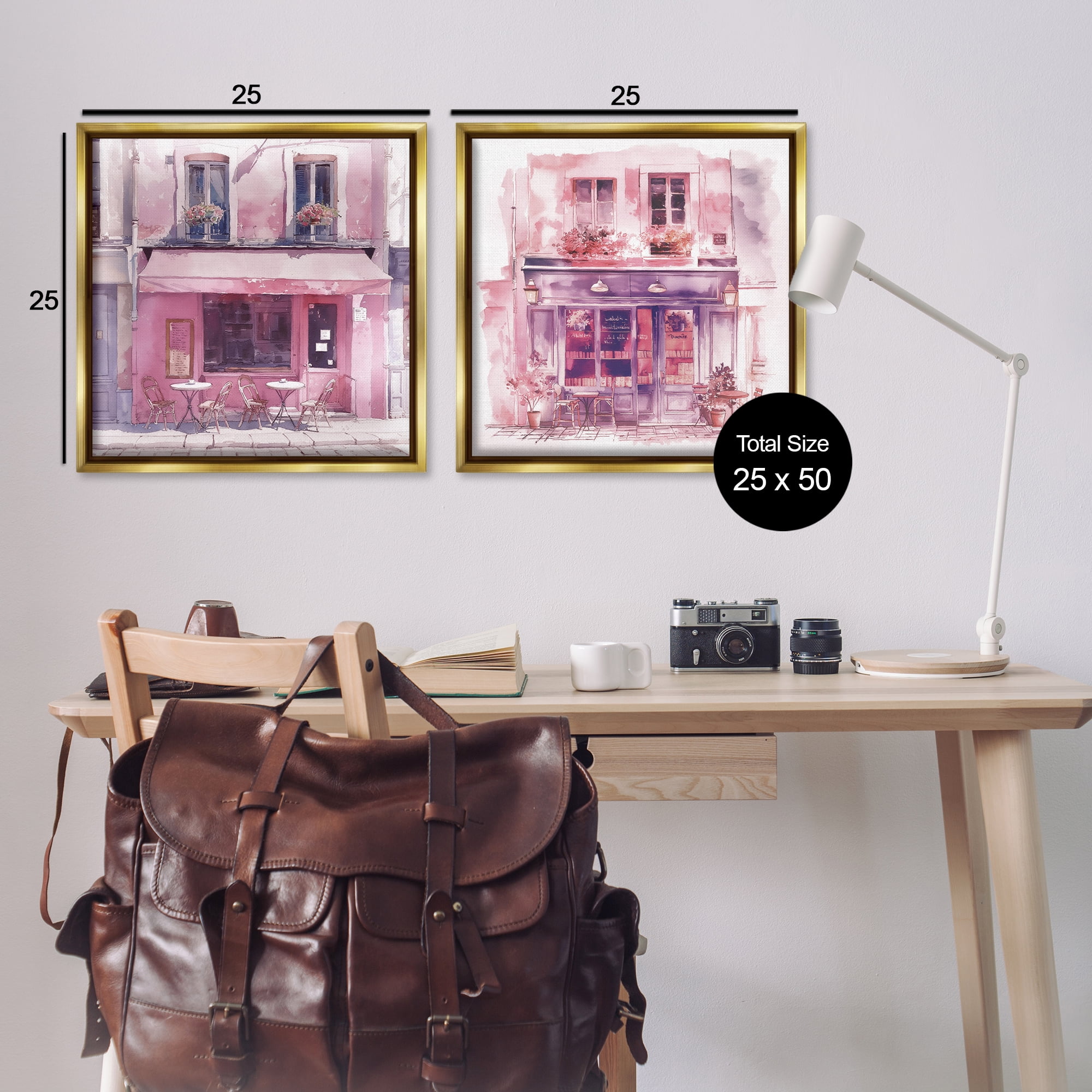 Stupell Industries Pink Outdoor Café Tables Buildings & Architecture Painting Gold Floater Framed Canvas Art Print Wall Art, 25 x 25, Set of 2