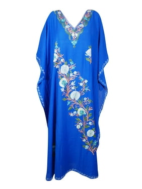 Mogul Women Blue Maxi Kaftan Dress Floral Embroidered Kimono Sleeves Resort Wear Housedress 3XL