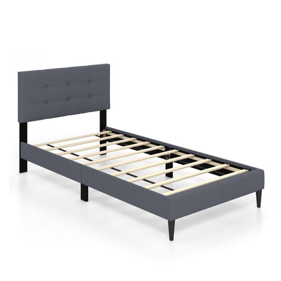 Twin Platform Bed with Upholstered Headboard, Gray/Blue - Modern Bedroom Furniture