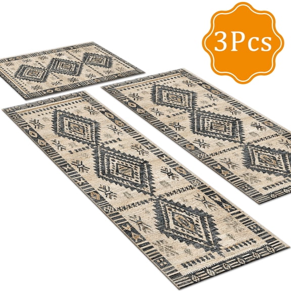 BlueDreamer Kitchen Rugs 3Pcs, Non Slip Kitchen Mats for Floor Waterproof & Stain Resistant Carpet Area Rug for Kitchen, Laundry Room, Hallway