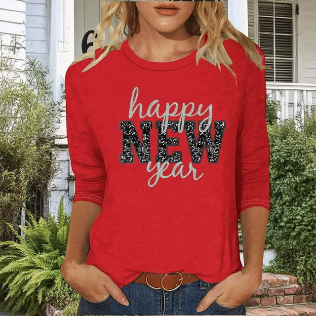 HongQid T-Shirts à Manches 3/4 pour Femmes, Graphiques, Décontractés, Coupe Ample, Col Ras du Cou, T-Shirts Mignons Unis, Tuniques à Manches Trois Quarts